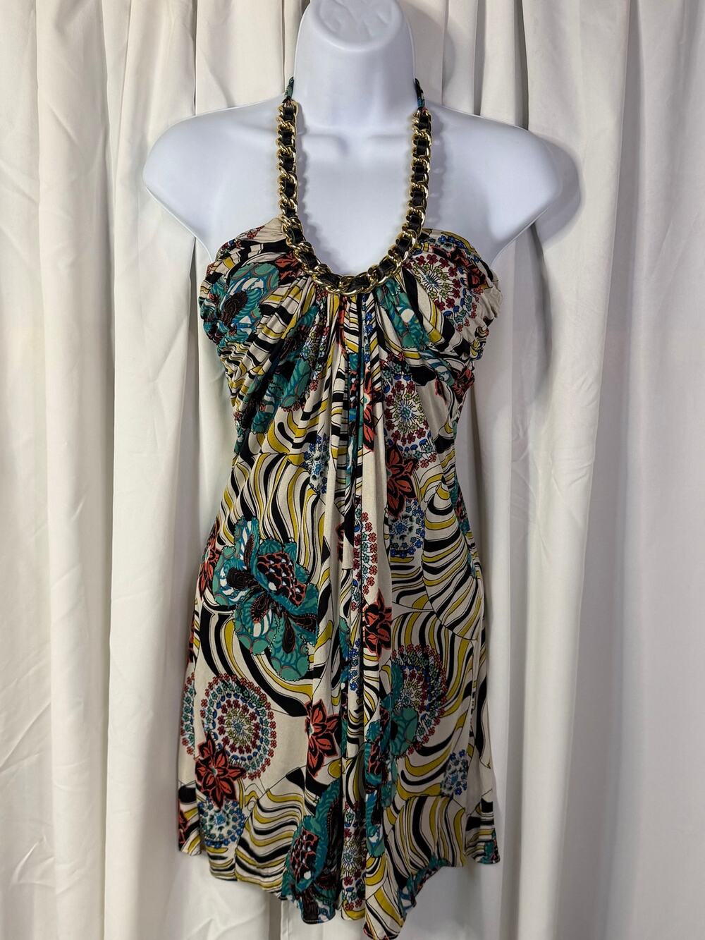 SKY Y2K Silk Halter Mini Dress Gold Chain Strap Abstract Swirl Retro Small